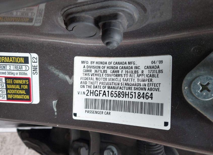 Photo 9 of 2009 Honda Civic LX (VIN 2HGFA16589H518464)