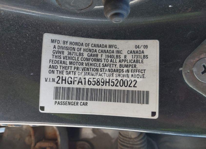 Photo 9 of 2009 Honda Civic LX (VIN 2HGFA16589H520022)