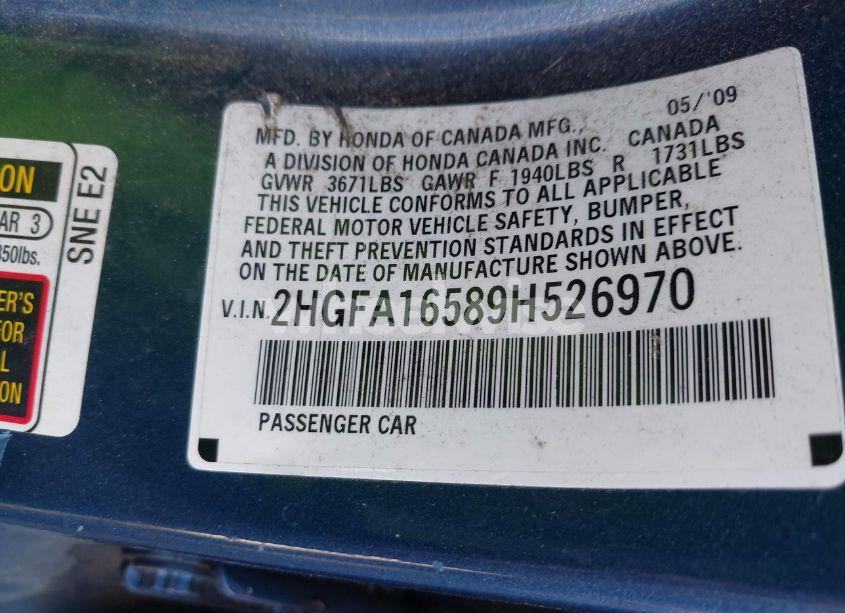 Photo 9 of 2009 Honda Civic LX (VIN 2HGFA16589H526970)