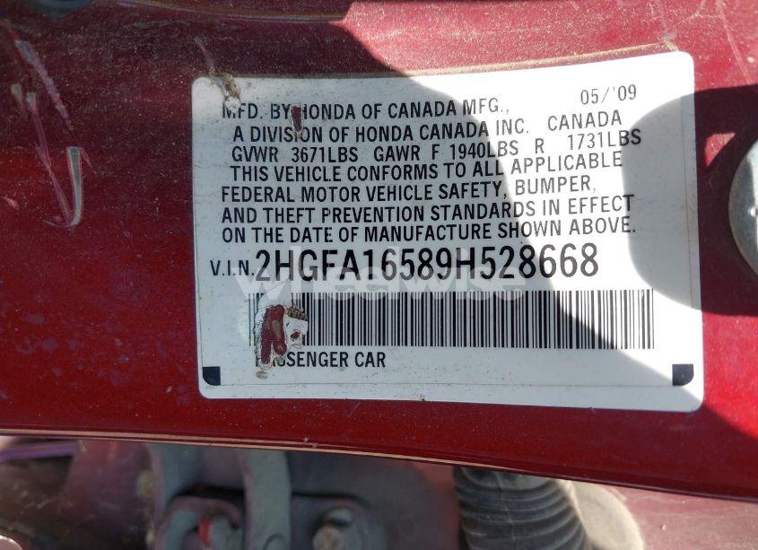 Photo 9 of 2009 Honda Civic LX (VIN 2HGFA16589H528668)