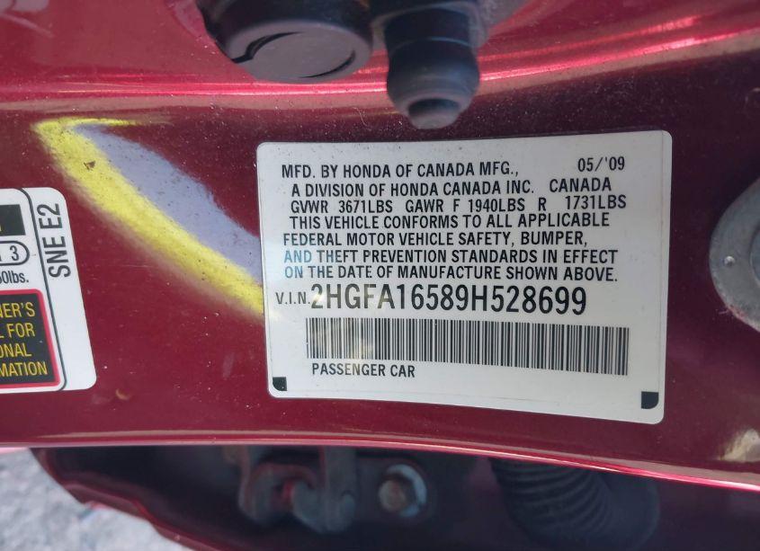 Photo 9 of 2009 Honda Civic LX (VIN 2HGFA16589H528699)