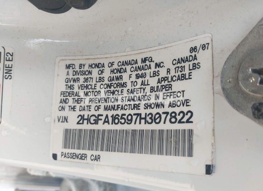 Photo 9 of 2007 Honda Civic LX (VIN 2HGFA16597H307822)