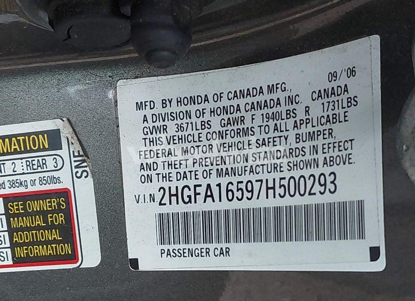 Photo 9 of 2007 Honda Civic LX (VIN 2HGFA16597H500293)