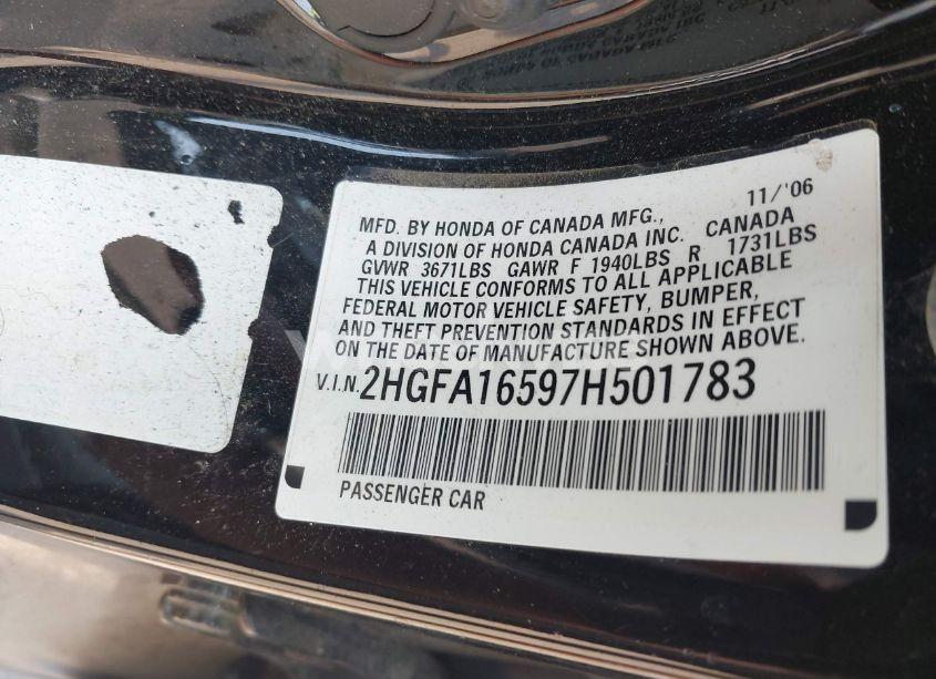 Photo 9 of 2007 Honda Civic LX (VIN 2HGFA16597H501783)