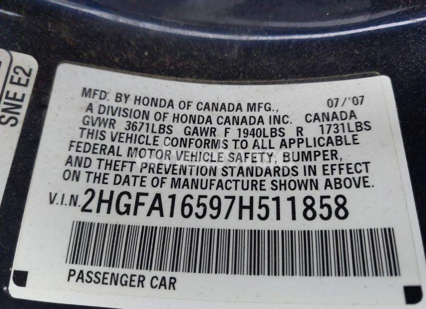 Photo 9 of 2007 Honda Civic LX (VIN 2HGFA16597H511858)