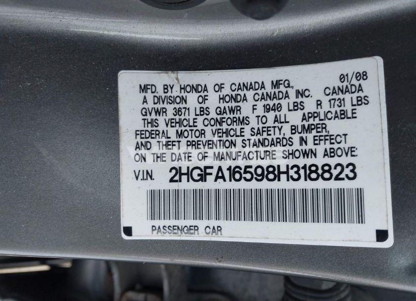 Photo 9 of 2008 Honda Civic LX (VIN 2HGFA16598H318823)