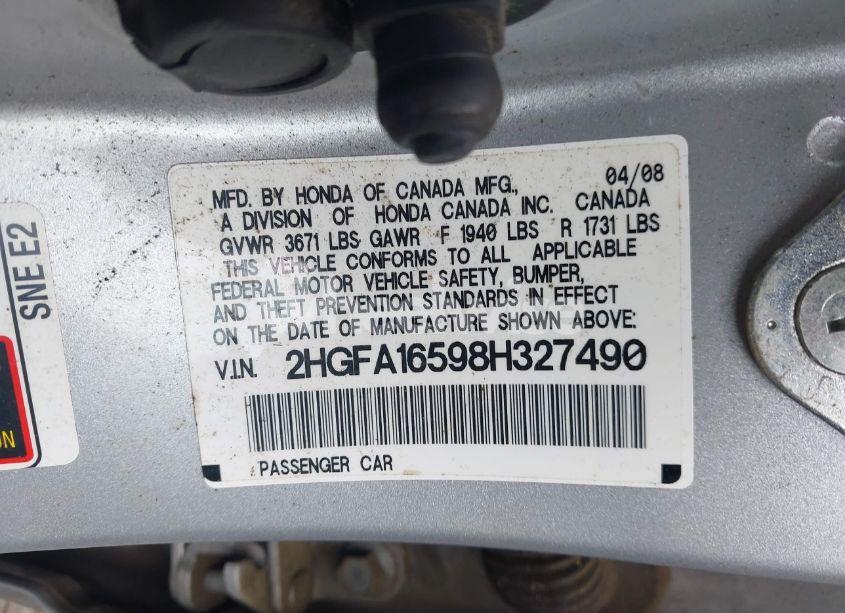 Photo 9 of 2008 Honda Civic LX (VIN 2HGFA16598H327490)