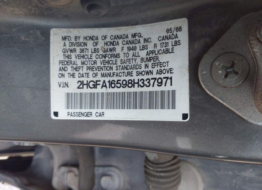 Photo 9 of 2008 Honda Civic LX (VIN 2HGFA16598H337971)