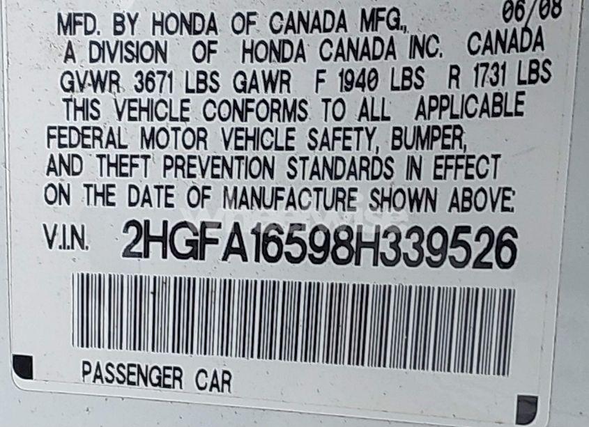 Photo 9 of 2008 Honda Civic LX (VIN 2HGFA16598H339526)