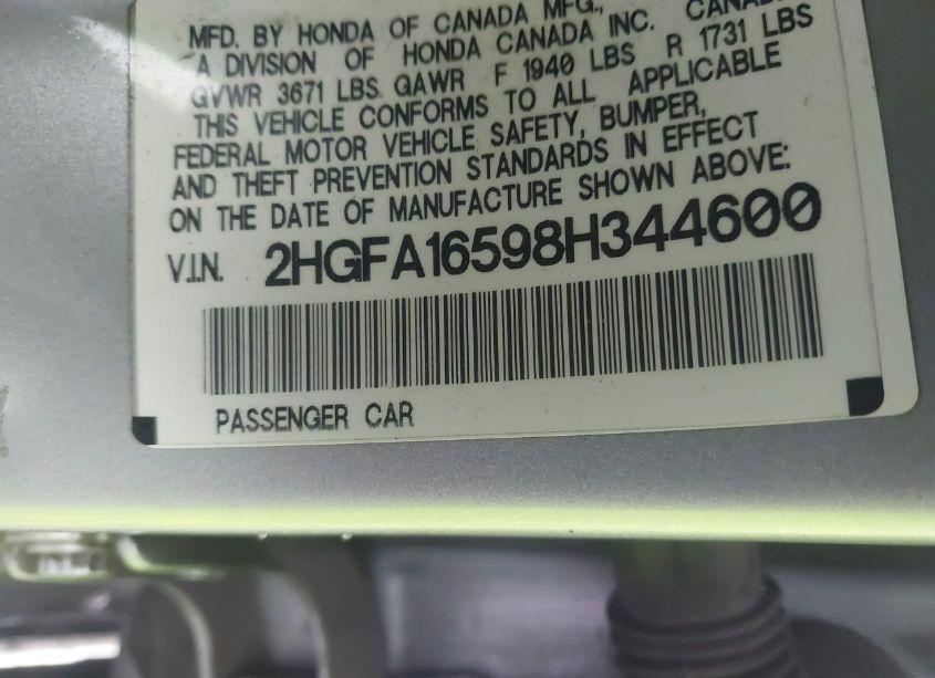 Photo 9 of 2008 Honda Civic LX (VIN 2HGFA16598H344600)
