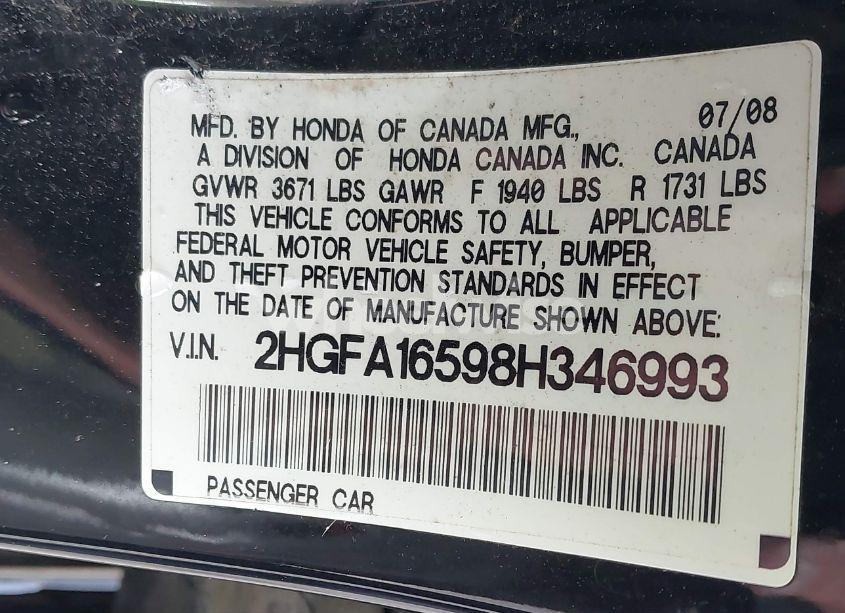 Photo 9 of 2008 Honda Civic LX (VIN 2HGFA16598H346993)
