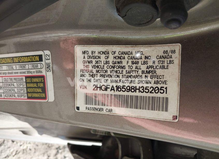 Photo 9 of 2008 Honda Civic LX (VIN 2HGFA16598H352051)