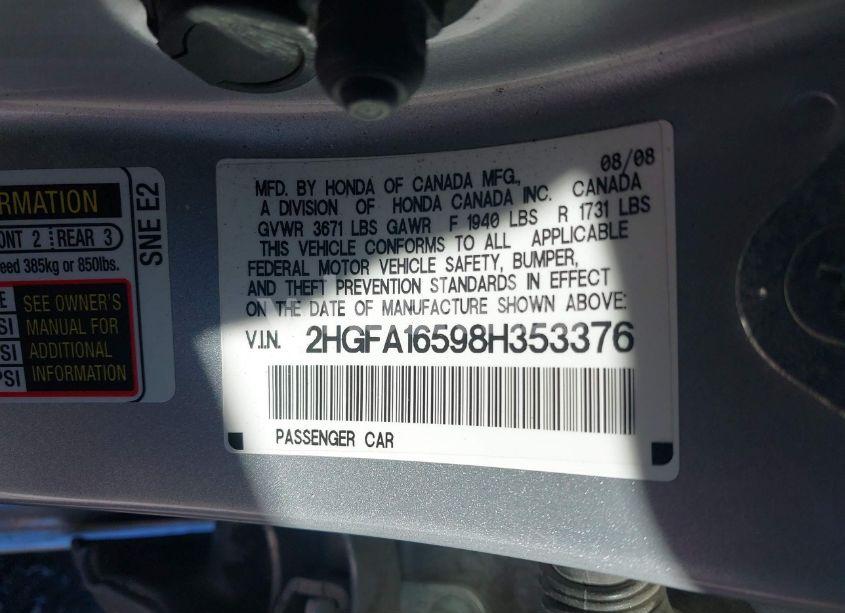 Photo 9 of 2008 Honda Civic LX (VIN 2HGFA16598H353376)