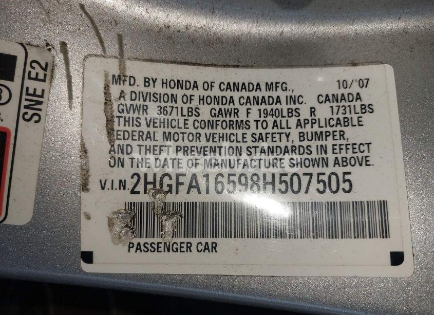 Photo 9 of 2008 Honda Civic LX (VIN 2HGFA16598H507505)
