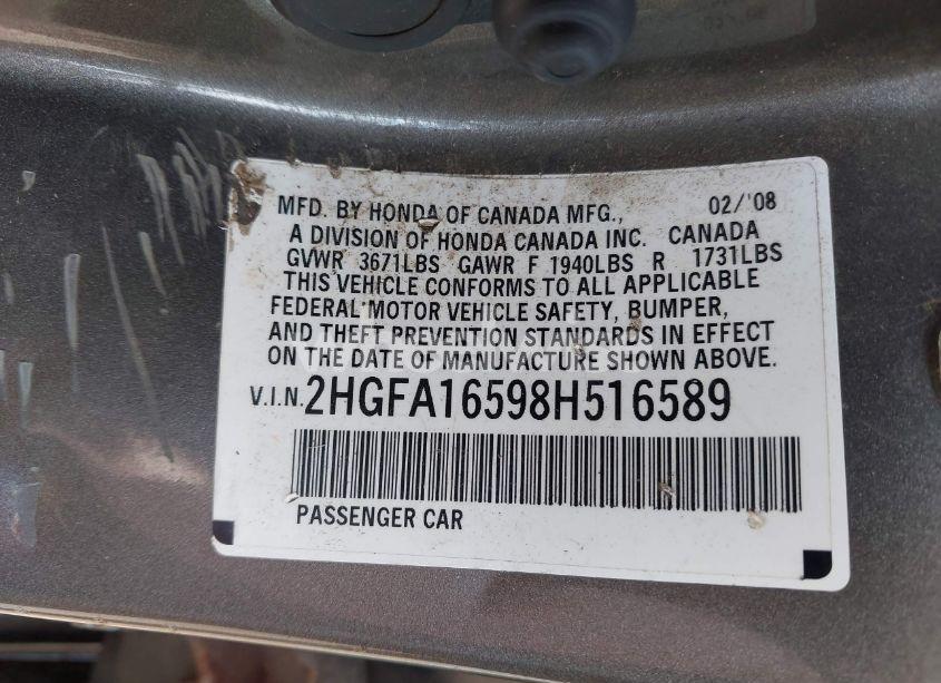 Photo 9 of 2008 Honda Civic LX (VIN 2HGFA16598H516589)