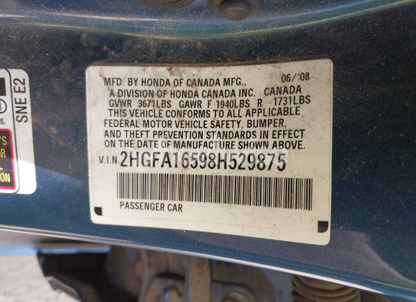 Photo 9 of 2008 Honda Civic LX (VIN 2HGFA16598H529875)