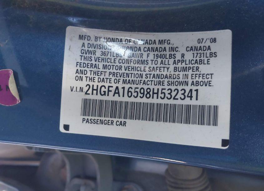 Photo 9 of 2008 Honda Civic LX (VIN 2HGFA16598H532341)