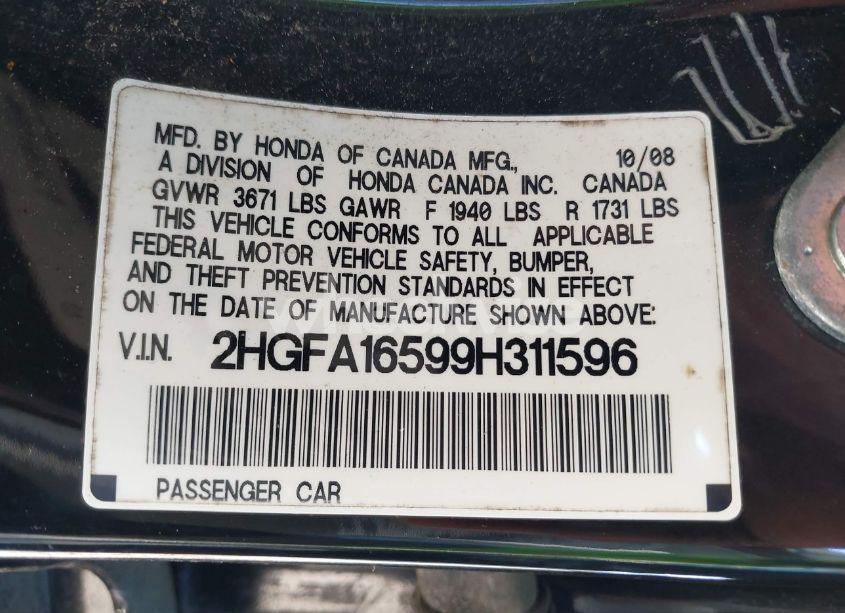 Photo 9 of 2009 Honda Civic LX (VIN 2HGFA16599H311596)