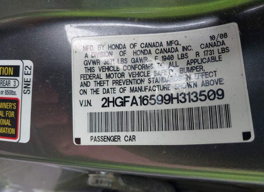 Photo 9 of 2009 Honda Civic LX (VIN 2HGFA16599H313509)