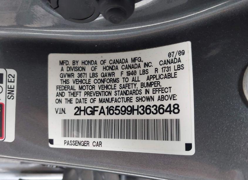 Photo 9 of 2009 Honda Civic LX (VIN 2HGFA16599H363648)