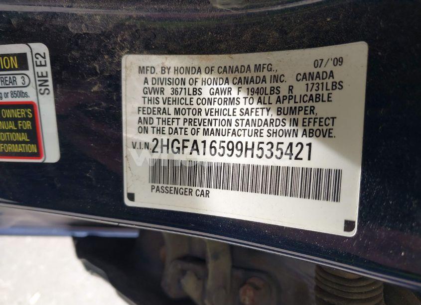 Photo 9 of 2009 Honda Civic LX (VIN 2HGFA16599H535421)