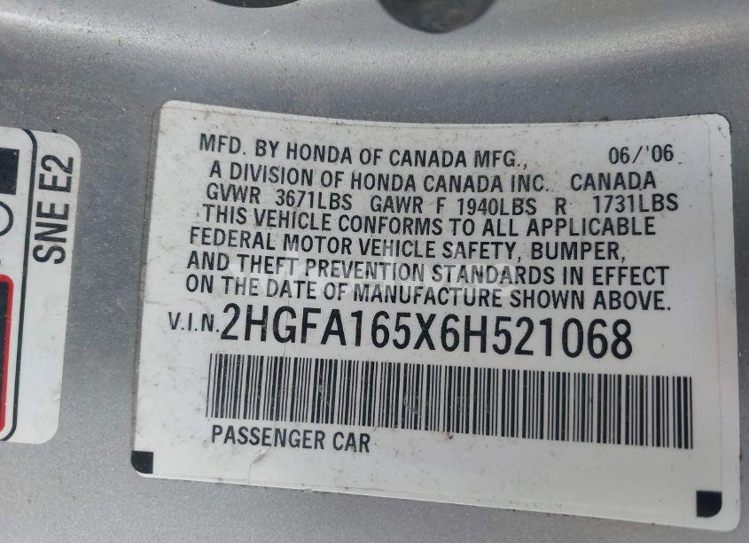 Photo 9 of 2006 Honda Civic LX (VIN 2HGFA165X6H521068)