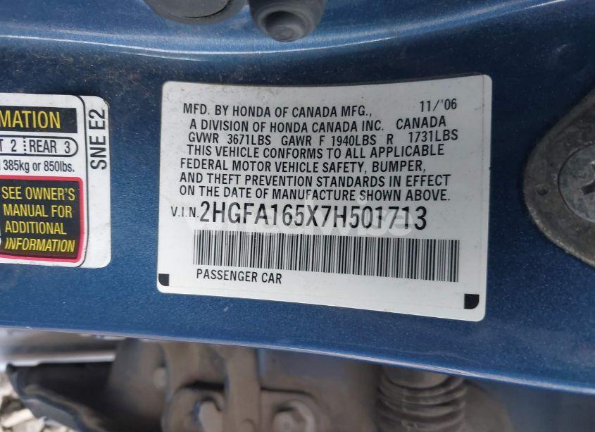 Photo 9 of 2007 Honda Civic LX (VIN 2HGFA165X7H501713)