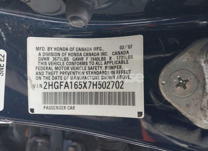 Photo 9 of 2007 Honda Civic LX (VIN 2HGFA165X7H502702)