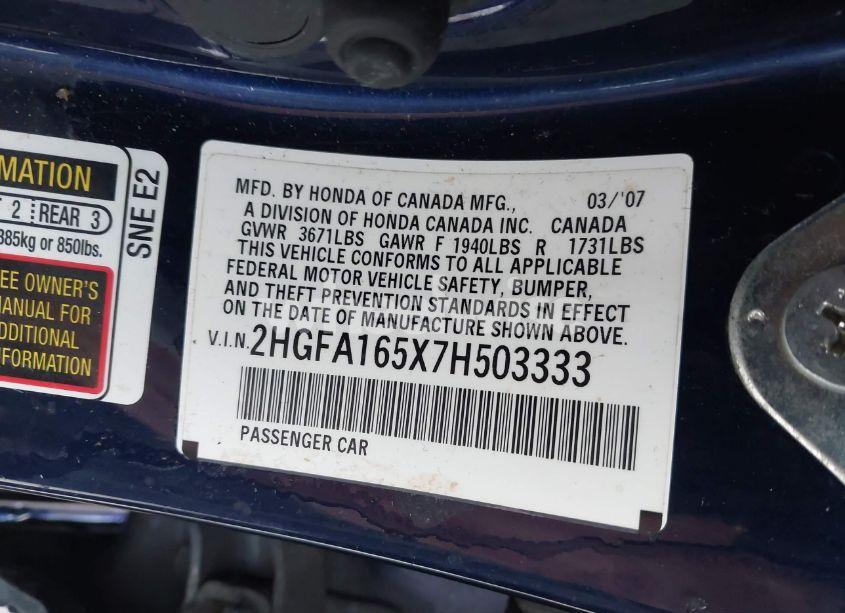 Photo 9 of 2007 Honda Civic LX (VIN 2HGFA165X7H503333)