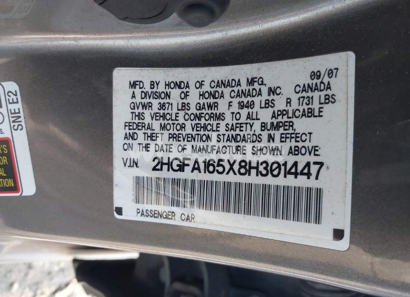 Photo 9 of 2008 Honda Civic LX (VIN 2HGFA165X8H301447)