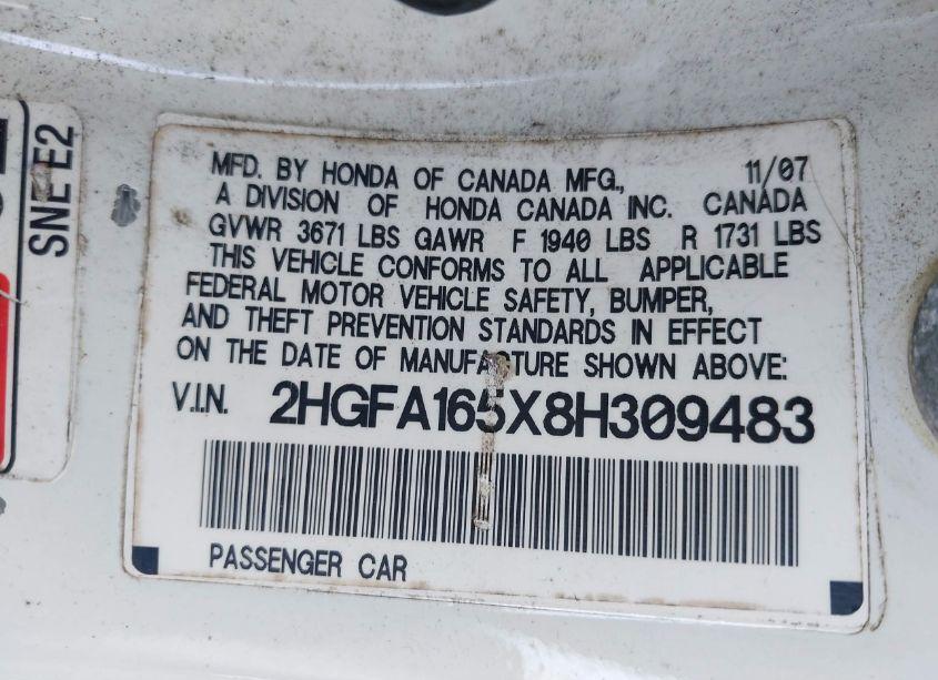 Photo 9 of 2008 Honda Civic LX (VIN 2HGFA165X8H309483)