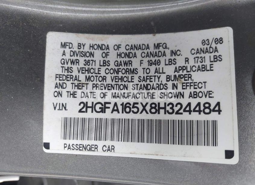 Photo 9 of 2008 Honda Civic LX (VIN 2HGFA165X8H324484)