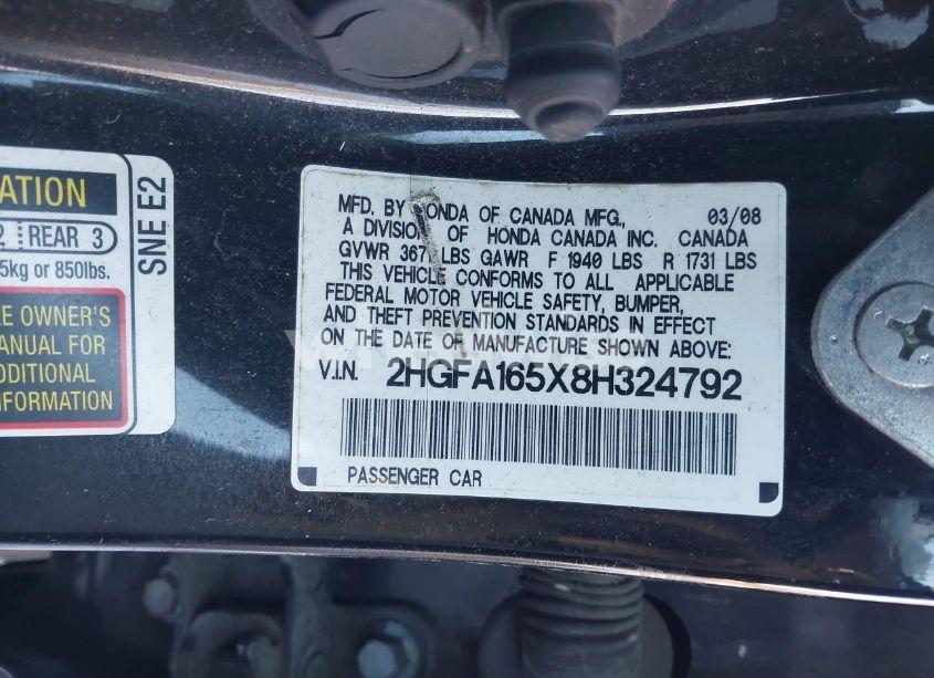 Photo 9 of 2008 Honda Civic LX (VIN 2HGFA165X8H324792)