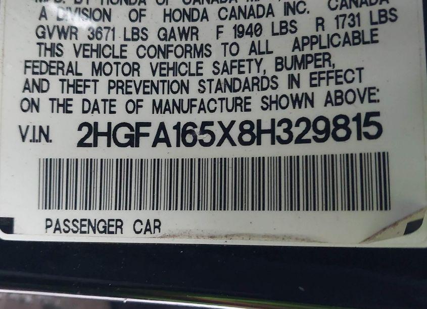 Photo 9 of 2008 Honda Civic LX (VIN 2HGFA165X8H329815)