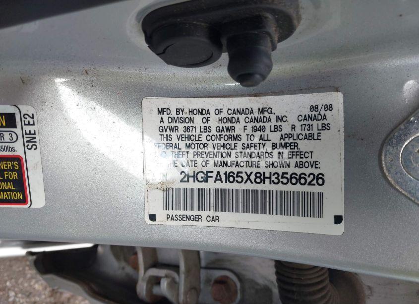 Photo 9 of 2008 Honda Civic LX (VIN 2HGFA165X8H356626)