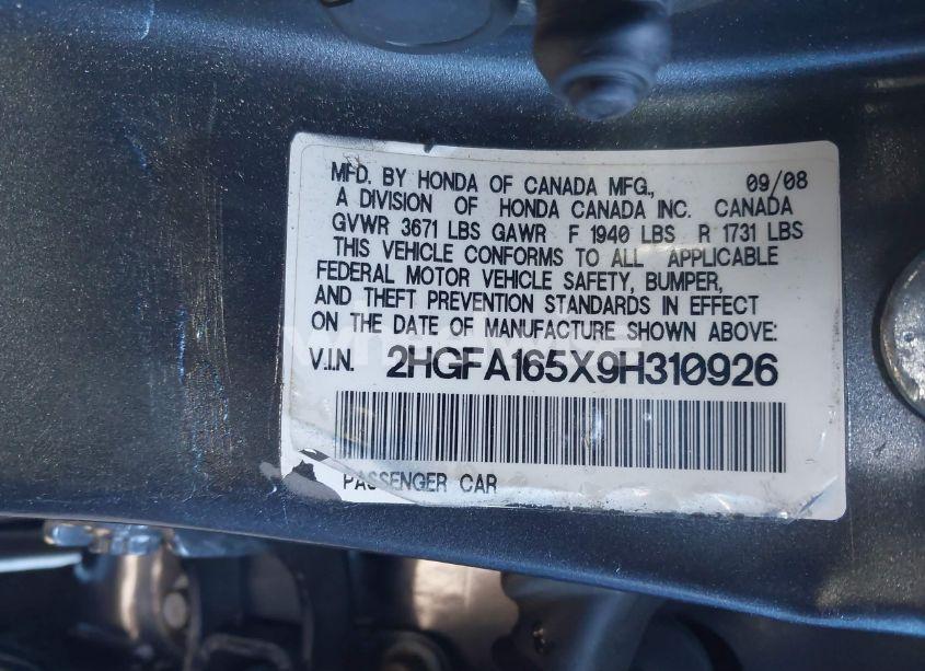 Photo 9 of 2009 Honda Civic LX (VIN 2HGFA165X9H310926)