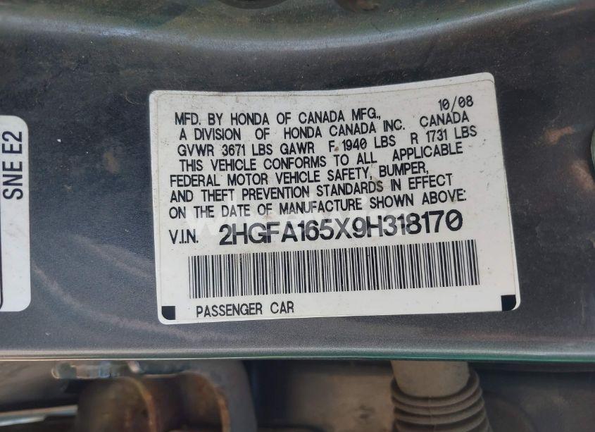 Photo 9 of 2009 Honda Civic LX (VIN 2HGFA165X9H318170)