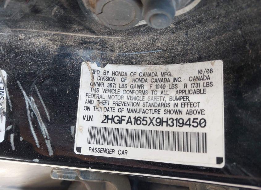 Photo 9 of 2009 Honda Civic LX (VIN 2HGFA165X9H319450)