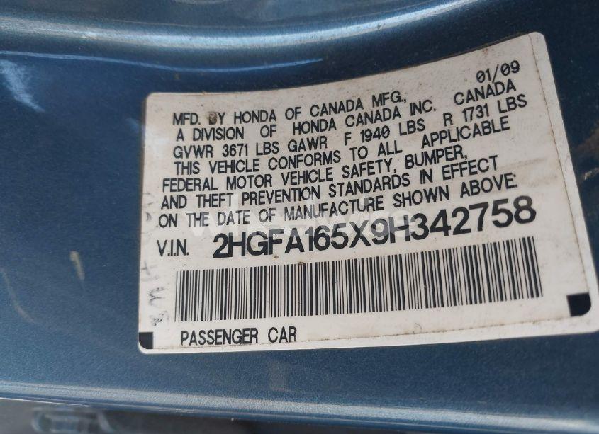 Photo 9 of 2009 Honda Civic LX (VIN 2HGFA165X9H342758)