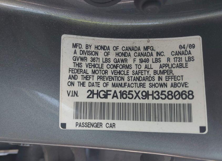 Photo 9 of 2009 Honda Civic LX (VIN 2HGFA165X9H358068)