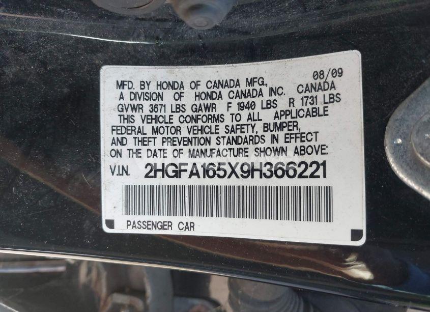 Photo 9 of 2009 Honda Civic LX (VIN 2HGFA165X9H366221)