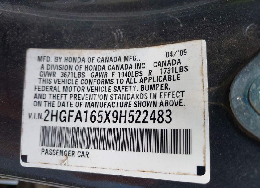 Photo 9 of 2009 Honda Civic LX (VIN 2HGFA165X9H522483)