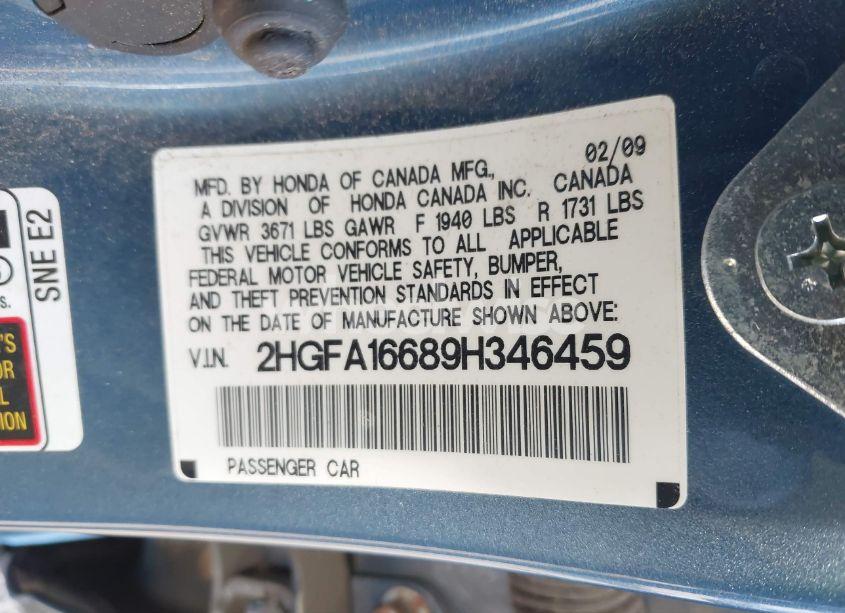 Photo 9 of 2009 Honda Civic LX-S (VIN 2HGFA16689H346459)