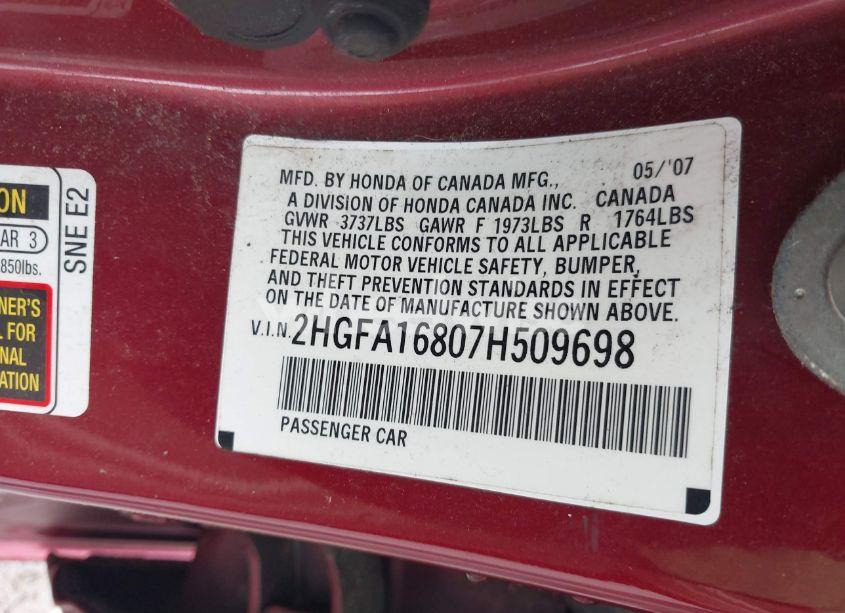 Photo 9 of 2007 Honda Civic EX (VIN 2HGFA16807H509698)