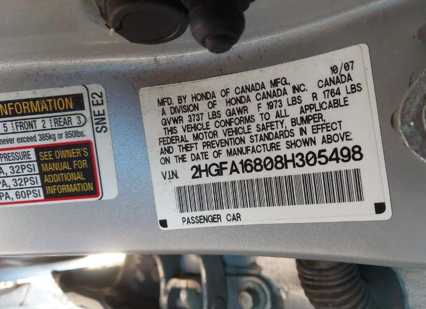 Photo 9 of 2008 Honda Civic EX (VIN 2HGFA16808H305498)