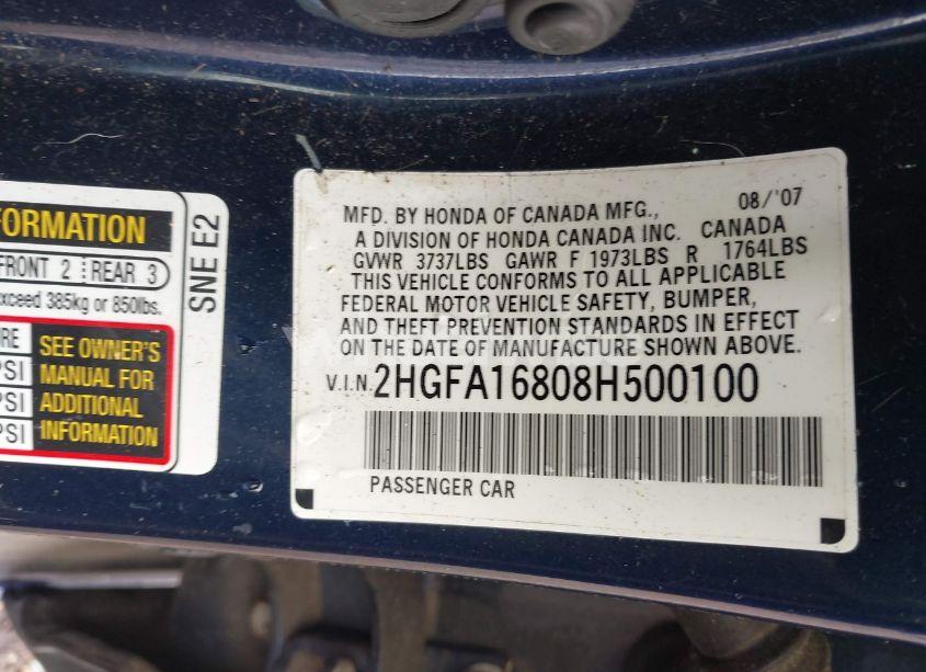 Photo 9 of 2008 Honda Civic EX (VIN 2HGFA16808H500100)