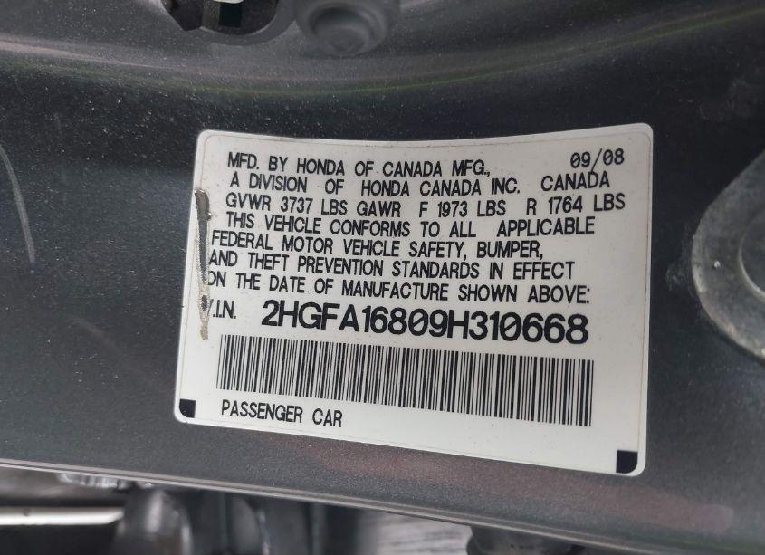 Photo 9 of 2009 Honda Civic EX (VIN 2HGFA16809H310668)