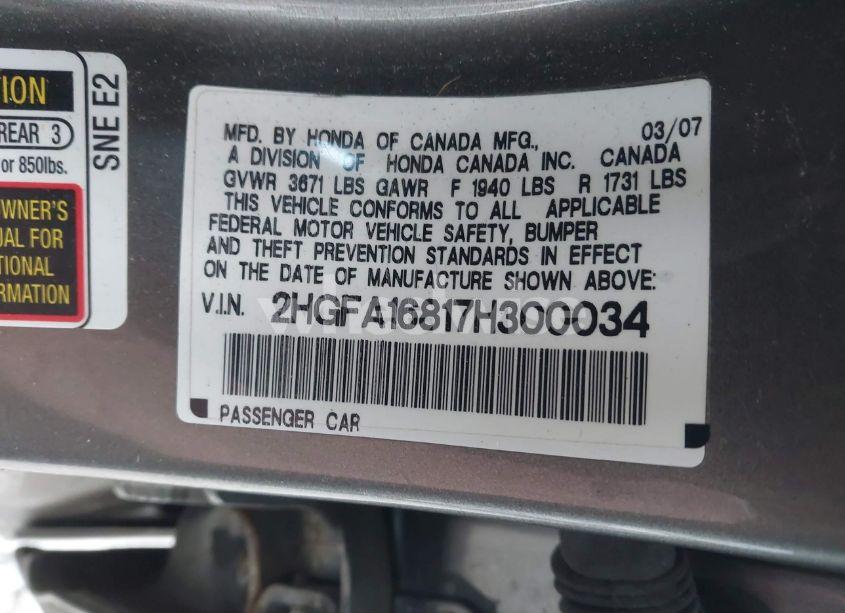 Photo 9 of 2007 Honda Civic EX (VIN 2HGFA16817H300034)