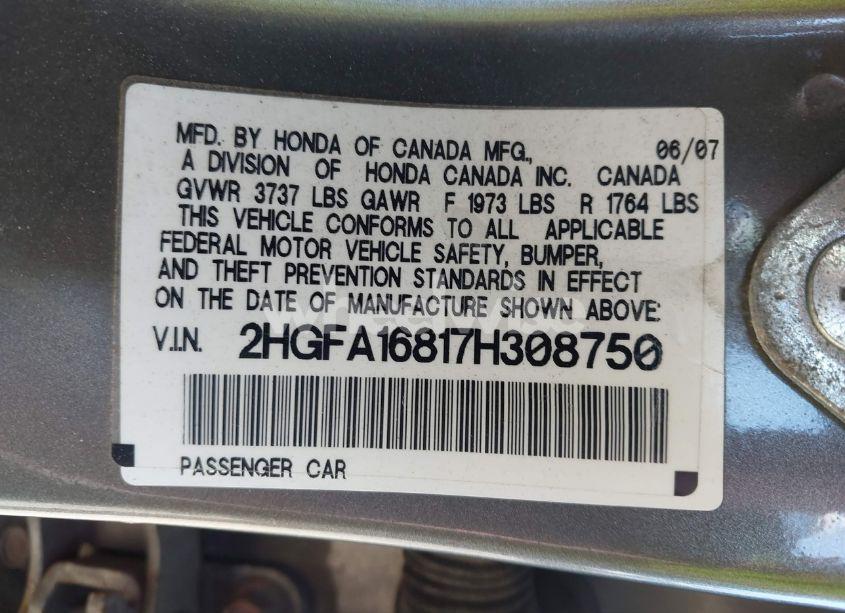 Photo 9 of 2007 Honda Civic EX (VIN 2HGFA16817H308750)