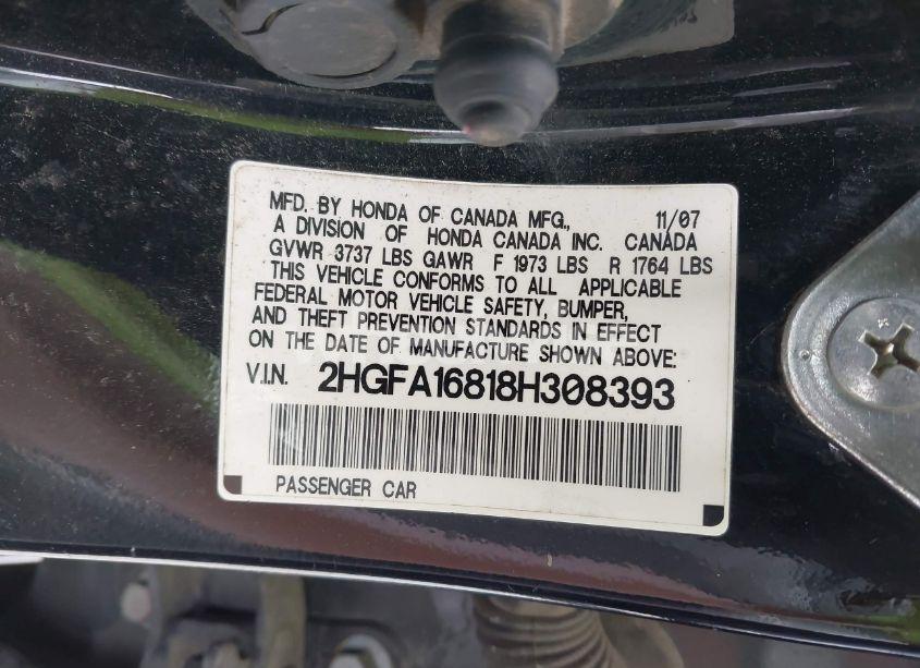 Photo 9 of 2008 Honda Civic EX (VIN 2HGFA16818H308393)